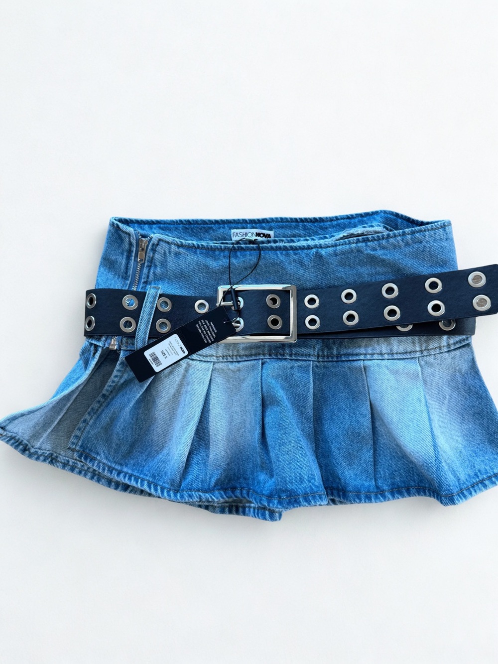 Fashion Nova Blue Denim Pleated Skirt with Black Grommet Belt